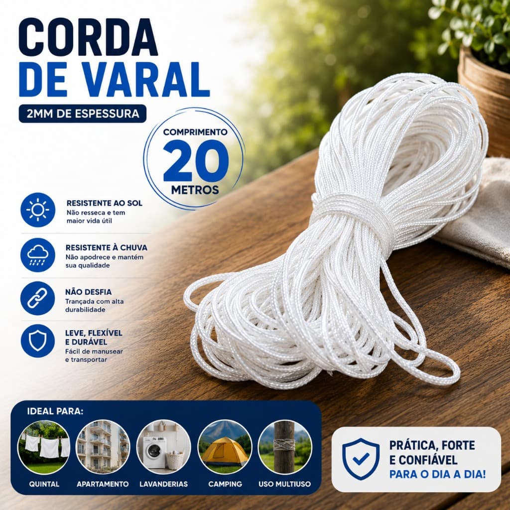 Corda De Varal Branca 20m Resistente Sol E Chuva Para Quintal Lavanderia Apartamento