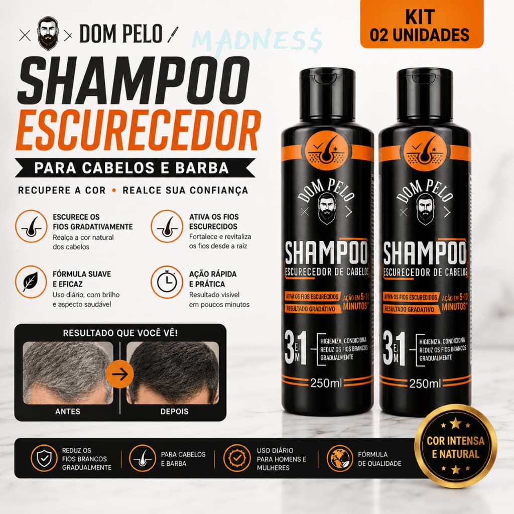Shampoo Escurecedor Dom Pelo | Recupera a Cor dos Fios | Cabelo e Barba | Resultado Gradual | Kit 2 Unidades