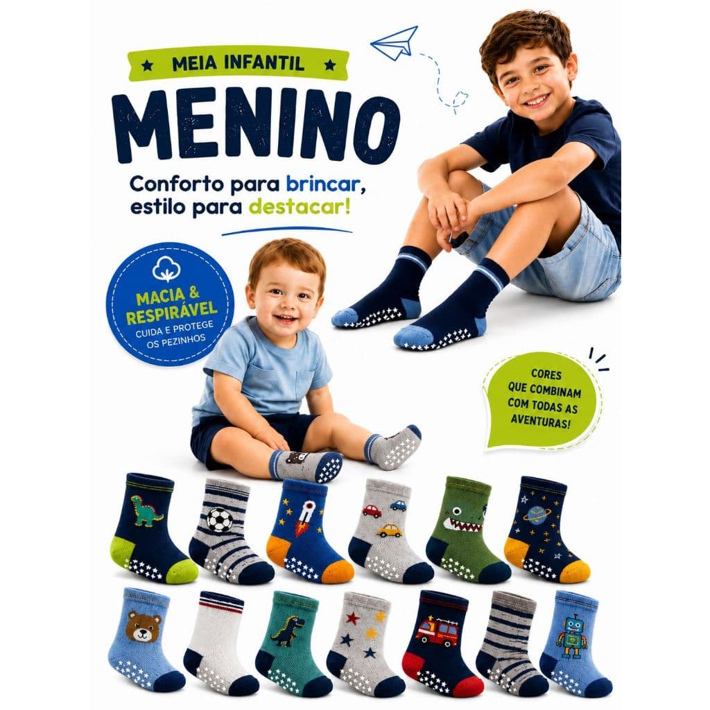Kit Até 12 Pares De Meia Bebe Infantil Menino Antiderrapante Estampada De 0 a 08 Anos