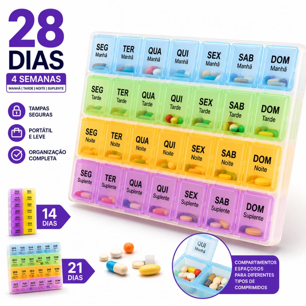 Porta Comprimidos Semanal 28 Dias Organizador Caixa Remédios Divisórias Portátil Manhã Noite