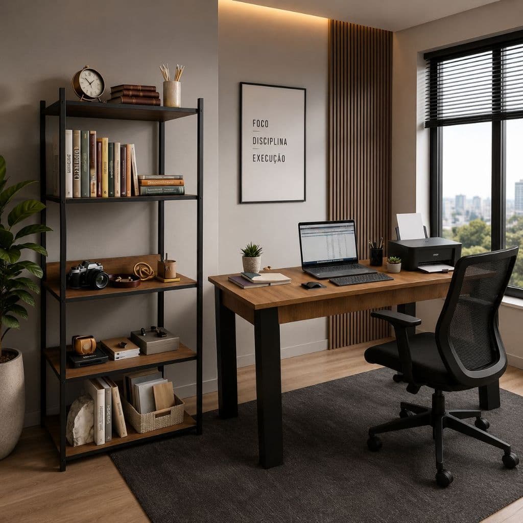 Estante Multiuso Industrial + Mesa 90 cm Madeira e Preto
