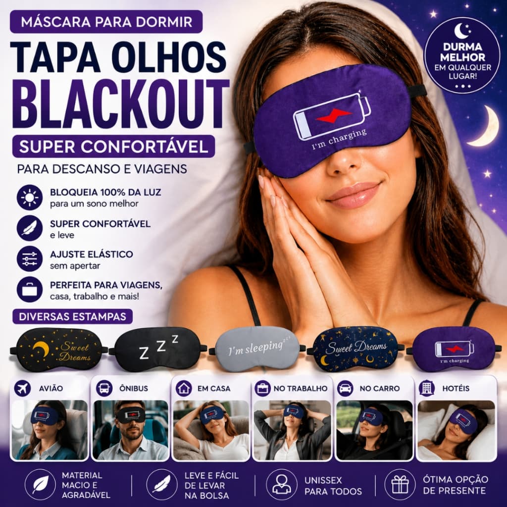Máscara Para Dormir Tapa Olhos Blackout Super Confortável Para Descanso e Viagens