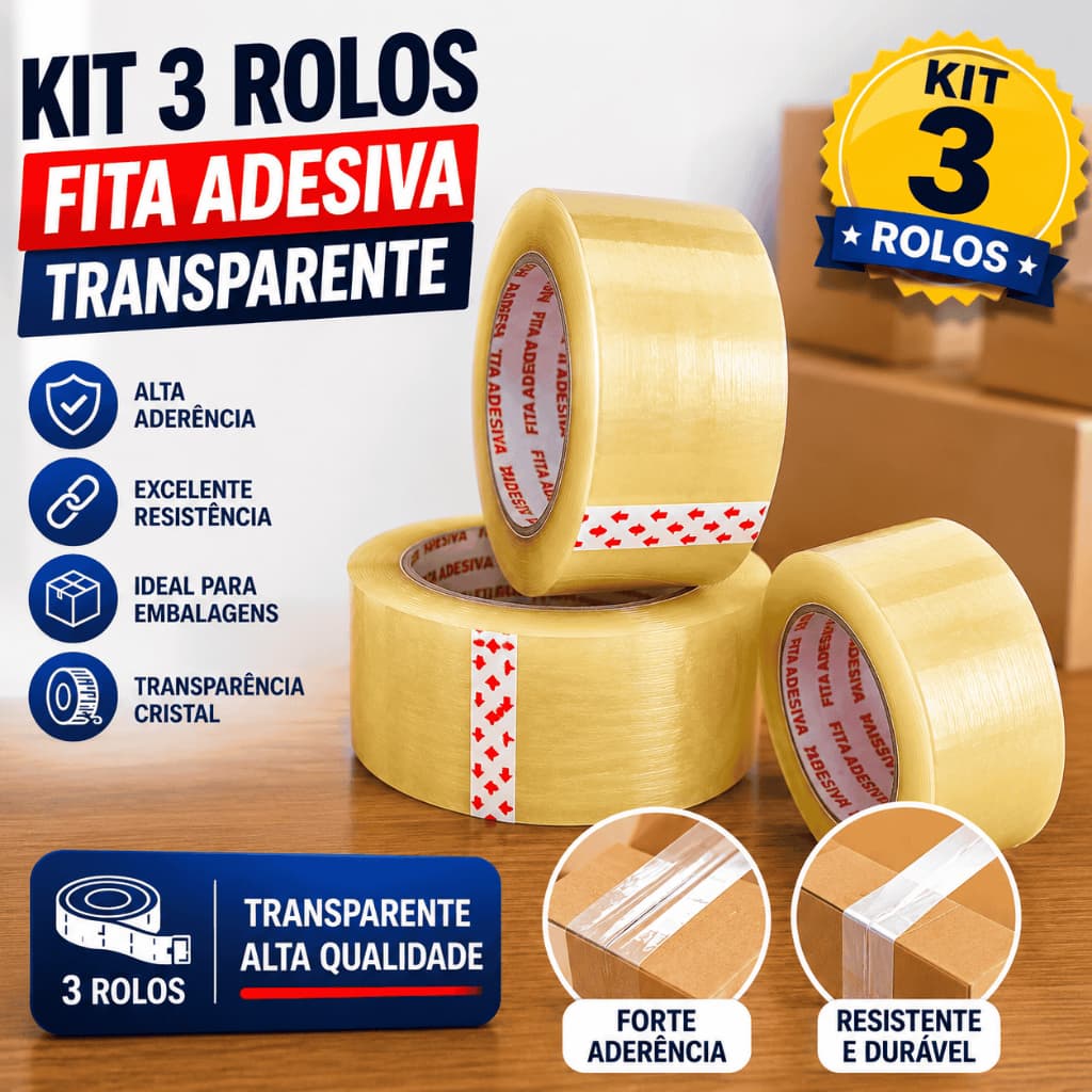 Kit 3 Rolos Fita Adesiva Transparente Alta Resistência Ideal Para Embalagens 500M
