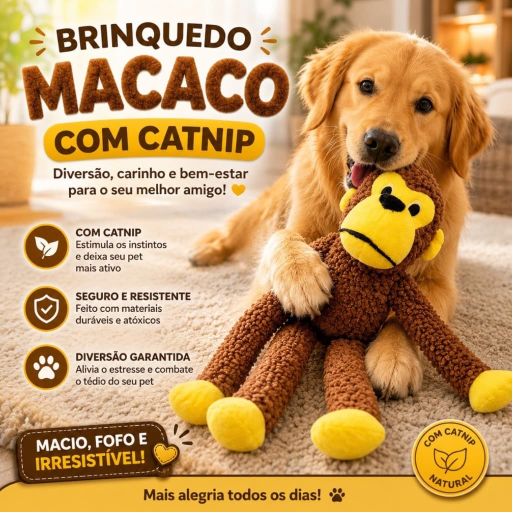 Brinquedo de Cachorro Mordedor Macaco de pelúcia com Apito 45cm Reduzir Ansiedade e Tédio