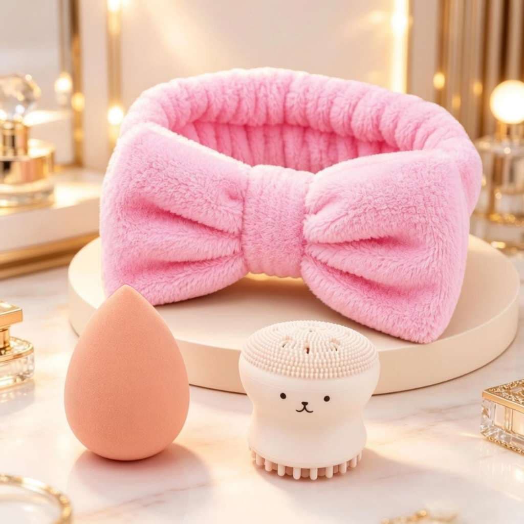 KIT Faixa Laço de Cabelo e Esponjas Skincare e Maquiagem