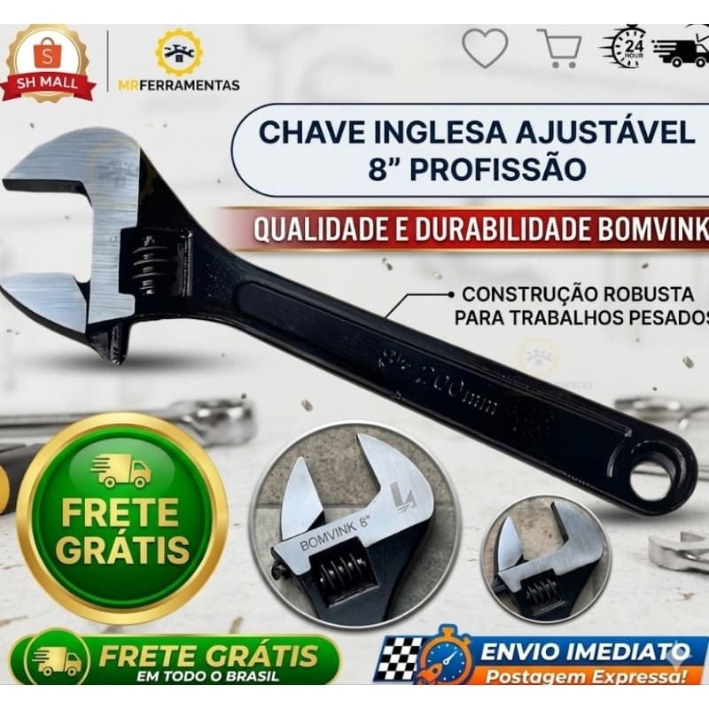 Chave Inglesa Ajustável Profissional Aço Forjado Resistente 8 Polegadas para Reparos 200mm