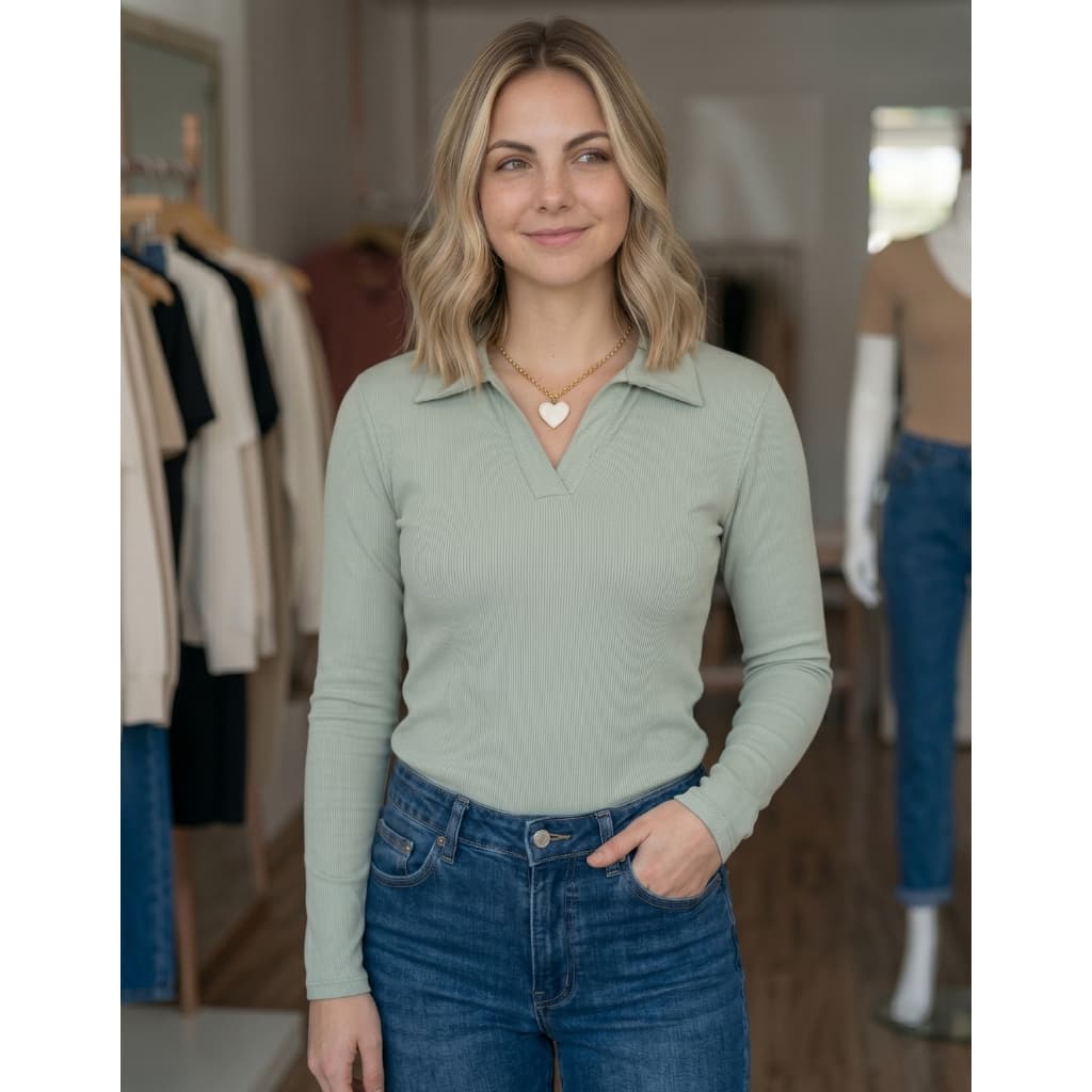 Camisa Gola Polo Feminina Manga Longa Frio Casual Elegante Inverno Canelada Premium Country Marrom