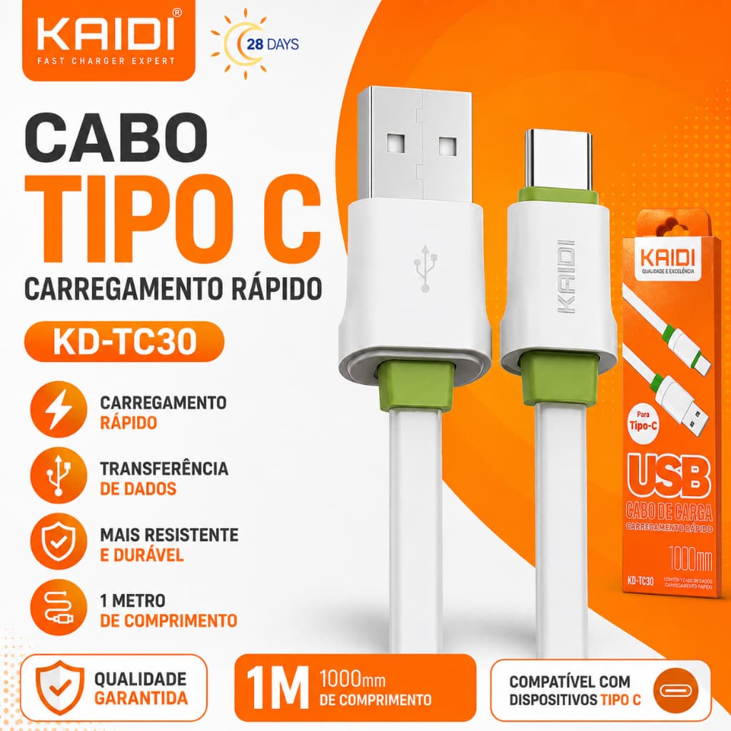 Kit 2 Cabos Tipo C Original Kaidi Reforçado Carregamento Turbo e Dados Rápido