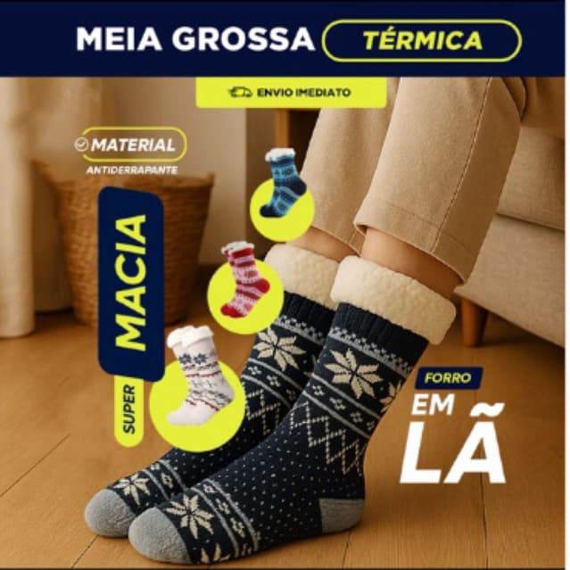 MeiaTérmica de Lã com Sola Antiderrapante Unissex tam Adulto Quentinha para Inverno (ENVIO IMEDIATO)