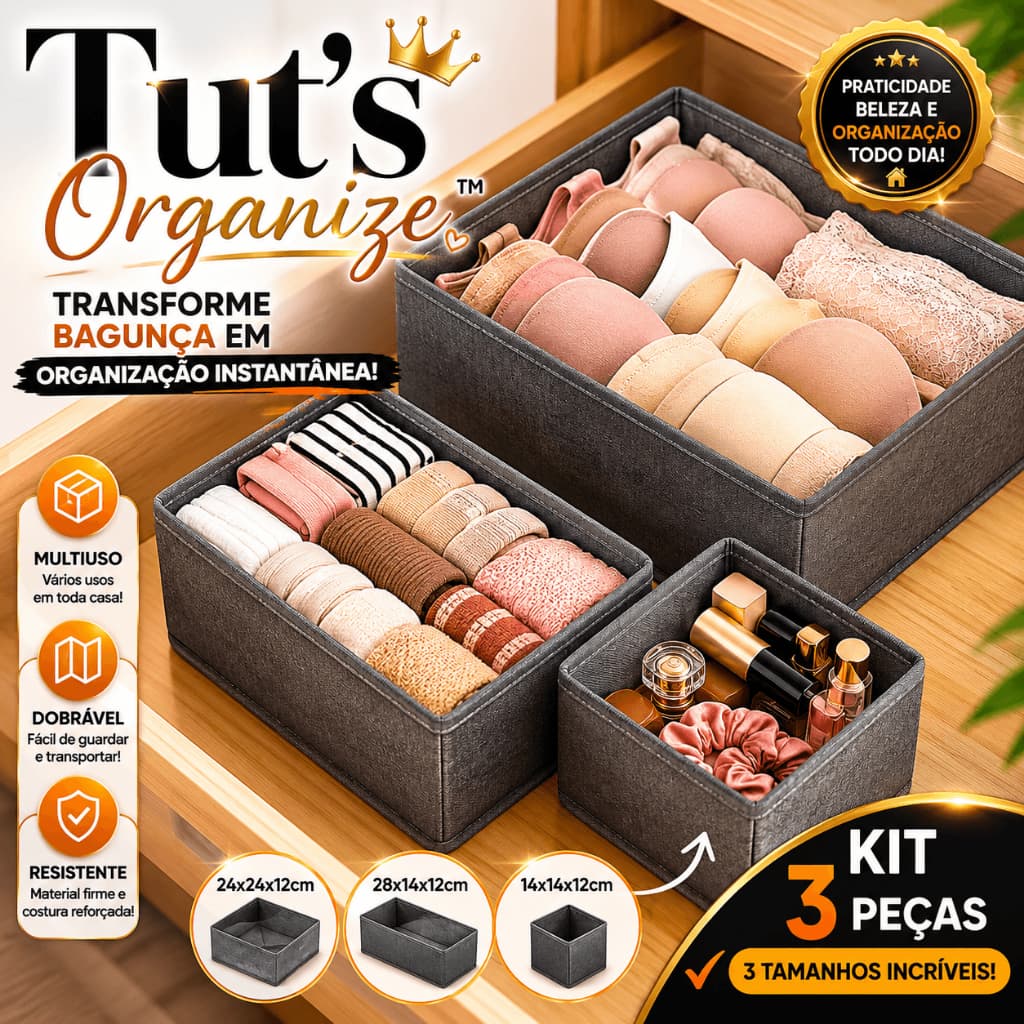 Tut’s Organize™ Cesto Caixa Multiuso Dobrável Kit 3 Peças Organizador de Gaveta Closet