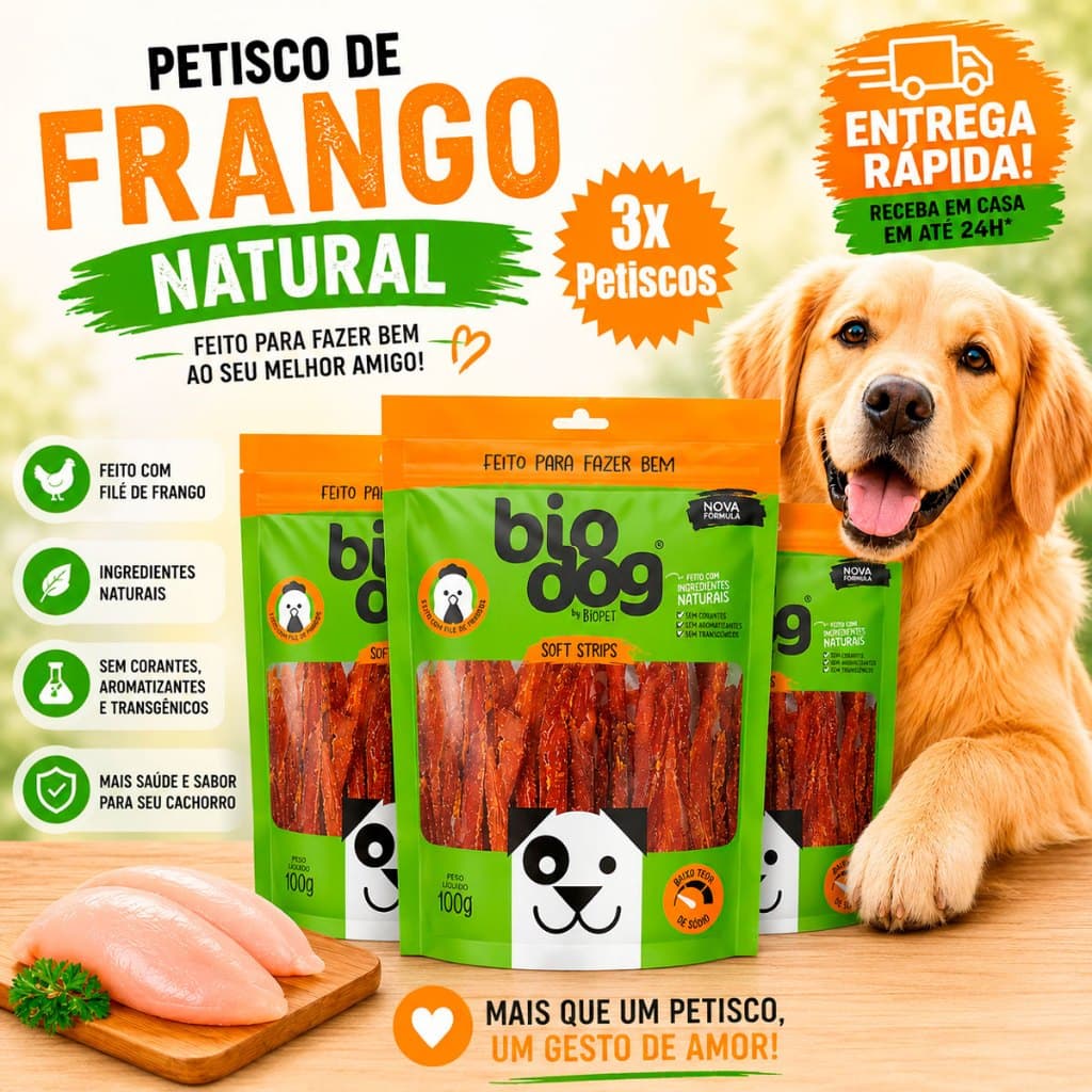 Kit 3 Bifinho Petisco Natural Snack Biscoito Cães Biodog Mordedor Gourmet Soft Strips - Frango