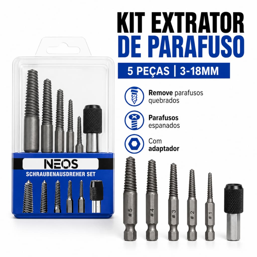 Kit Extrator de Parafuso Quebrado e Espanado NEOS 5 Peças 3-18mm com Adaptador