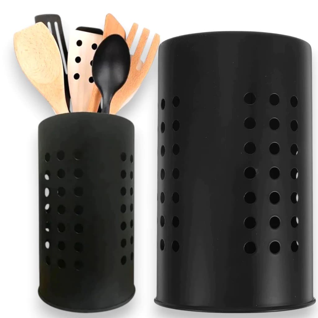 Porta Talheres Preto De Inox Organizador De Cozinha Vazado 16,5cm