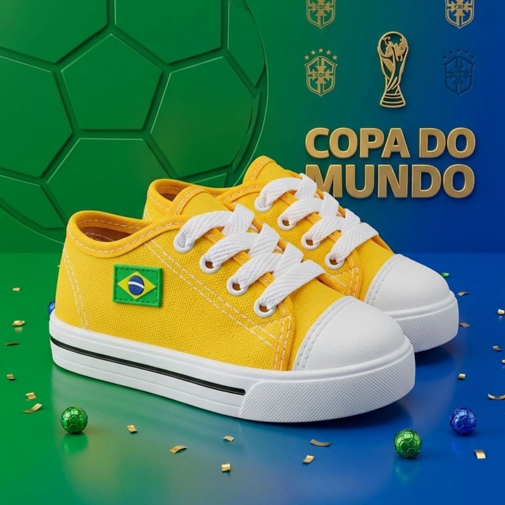 Tênis Infantil Unissex Feminino e Masculino Copa do Mundo Amarelo Bandeira do Brasil