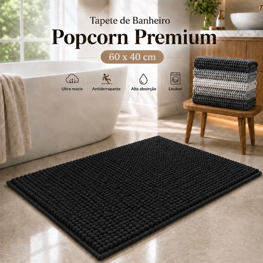Tapete Preto Banheiro Popcorn 60x40 Microfibra Bolinha Antiderrapante Macio Absorvente Saída Box