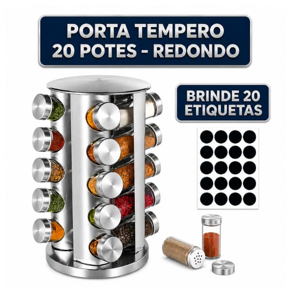 Porta Tempero Condimentos Giratorio Redondo com 20 Potes + Brinde Etiquetas e caneta