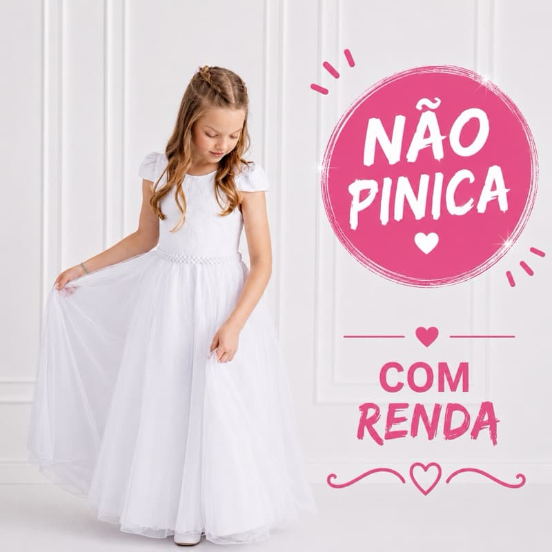 Vestido Dama de Honra Branco Longo Infantil Laço Festa Daminha Renda Dama de Honra Casamento REF4027