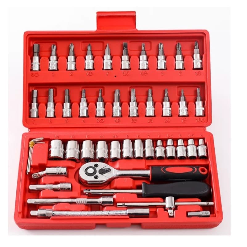 KIT CHAVES 46 PECAS SOQUETES CATRACA FERRAMENTA VERMELHO
