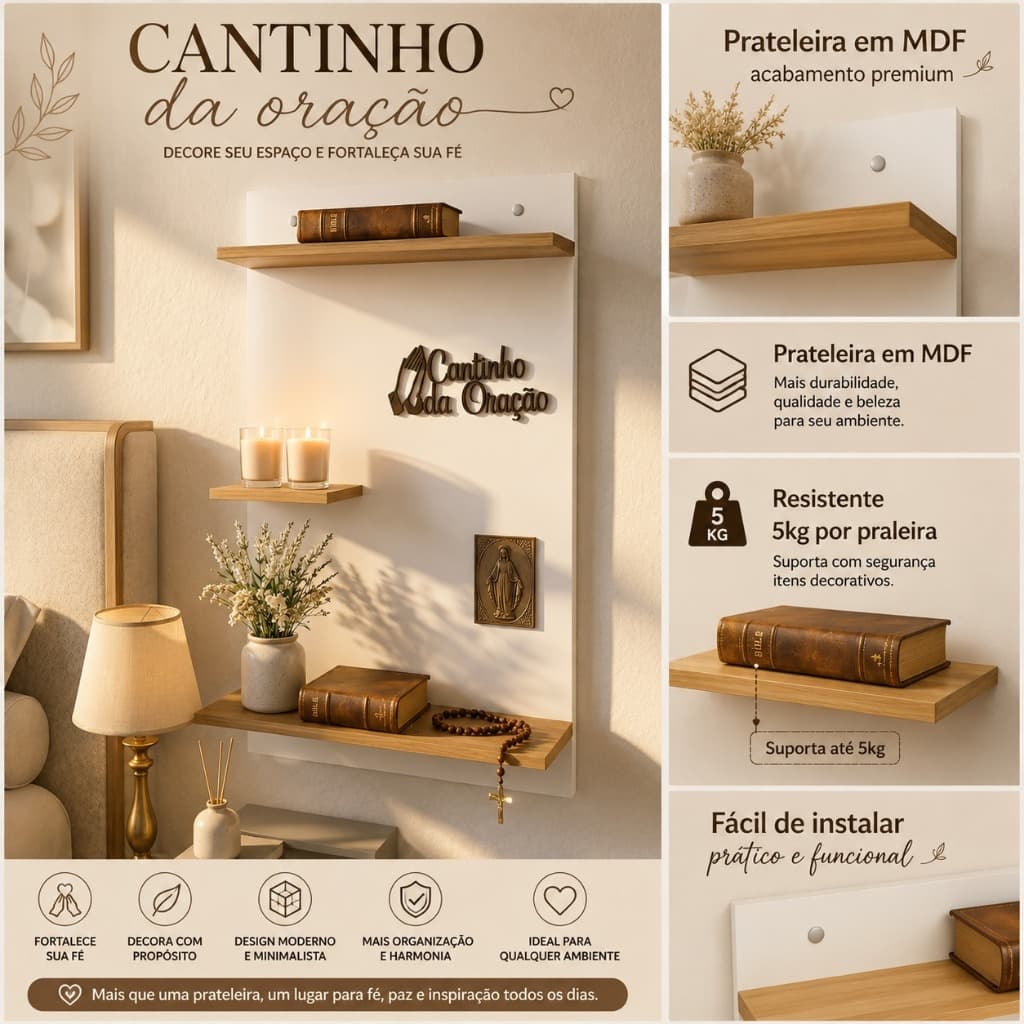 Jogo 3 Prateleiras De Parede Mdf 90 X 60 Suporte Porta Quadros, cantinho da oração amadeirado com branco