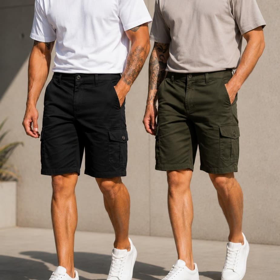 Kit 2 Bermudas Cargo Masculina Slim Sarja Premium Short Com 6 Bolsos Funcionais Street 38 ao 46