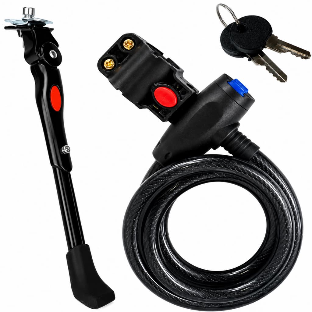 Descanso Pezinho Central Regulagem Bike 20 A 29 + Cadeado Trava Fina Moto Bicicleta Cabo Aço