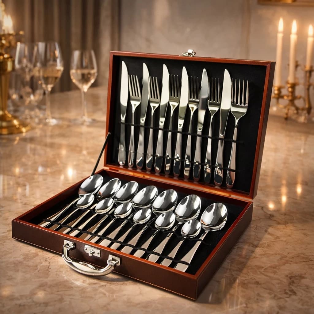 Conjunto Talheres Inox 24 Peças Maleta Dourada Garfos Facas Colheres Jantar Mesa