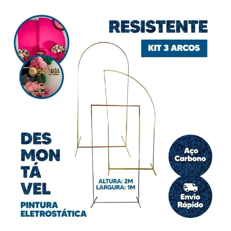 Kit 3 Arcos para Festa Retangular Romano e Meia Lua Desmontáveis