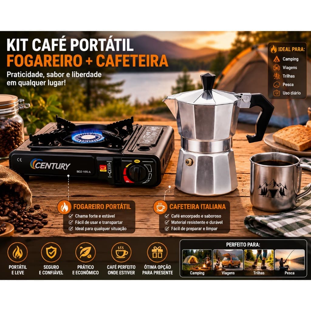 Kit Café Portátil Camping Fogareiro + Cafeteira Italiana Mini Fogão Acampamento Camping Moka inox