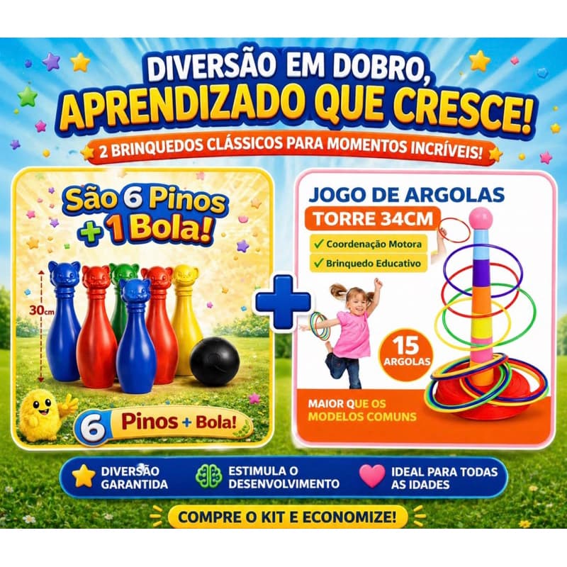 Kit Boliche Infantil 30cm + Jogo de Argolas 34cm - 2 em 1 Alta Qualidade Plástico Prime