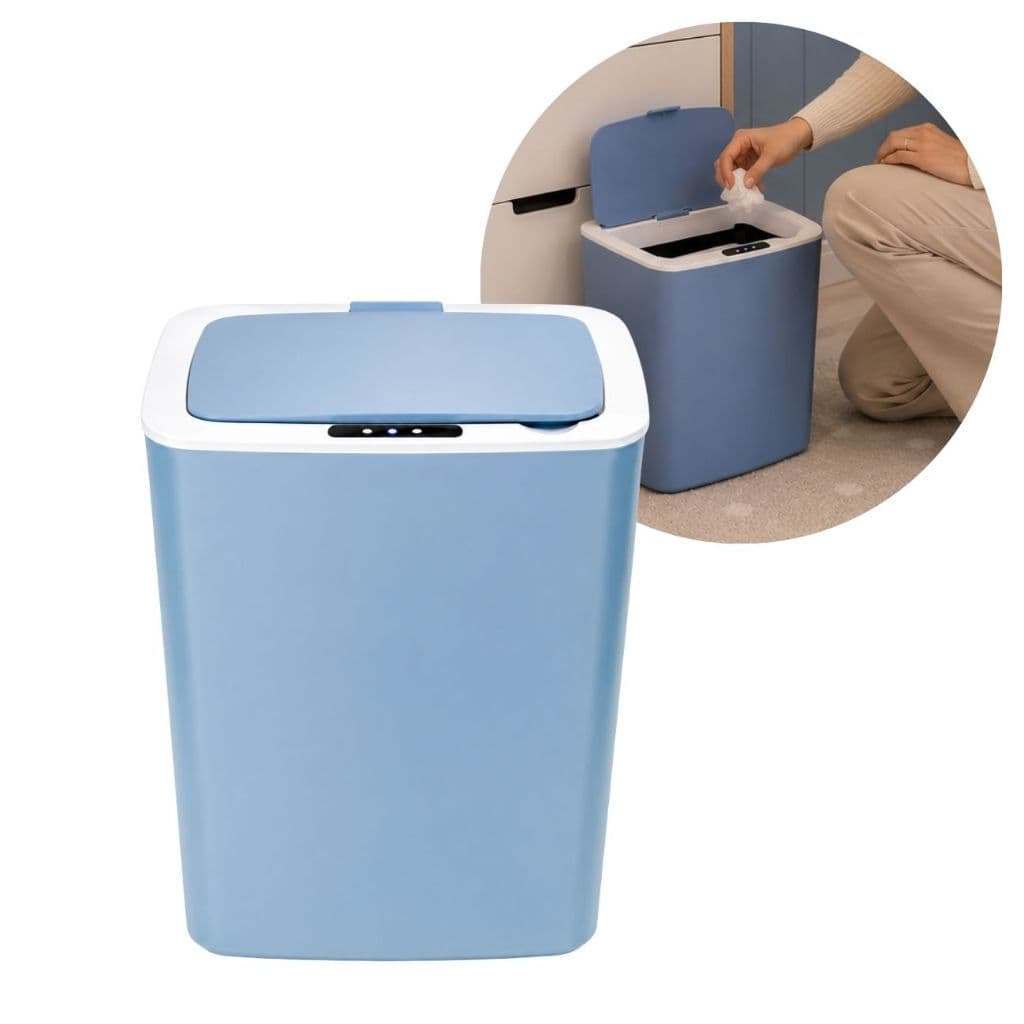 Lixeira Inteligente Automática Azul 14L com Sensor a Pilha Abre Fácil Linda Elegante Quarto Banheiro Cozinha