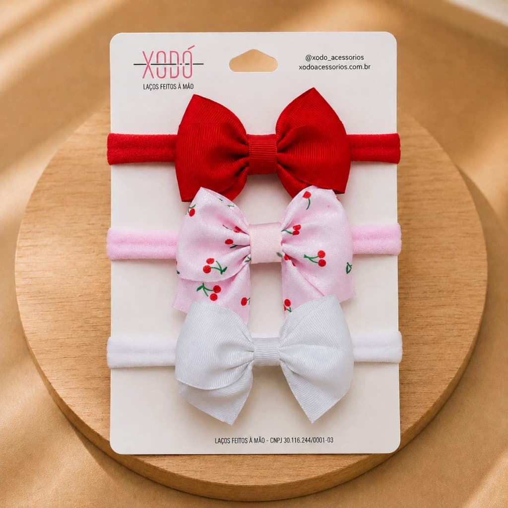 Kit 3 Faixas Bebê tiaras de meia de seda Confortável Elegante Leve Macio Premium Luxo Cereja Rosa Rn