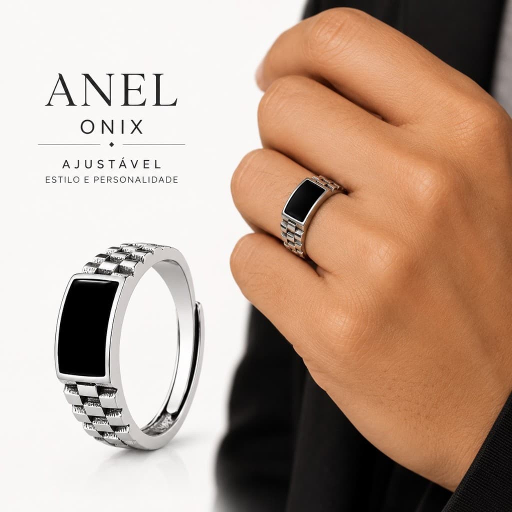 Anel Ajustável Pedra Preta Onix Ágata Prata Executivo Anatômico Regulável Luxo Masculino Feminino