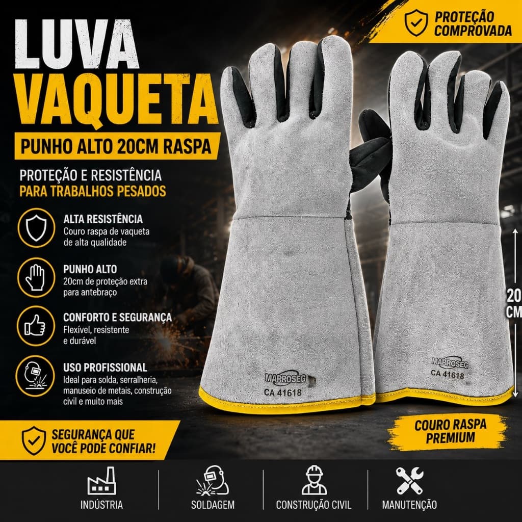 Luva Vaqueta Punho Raspa Cano Longo 20cm Epi C/ Reforço Maproseg Solda Construção Manutenção