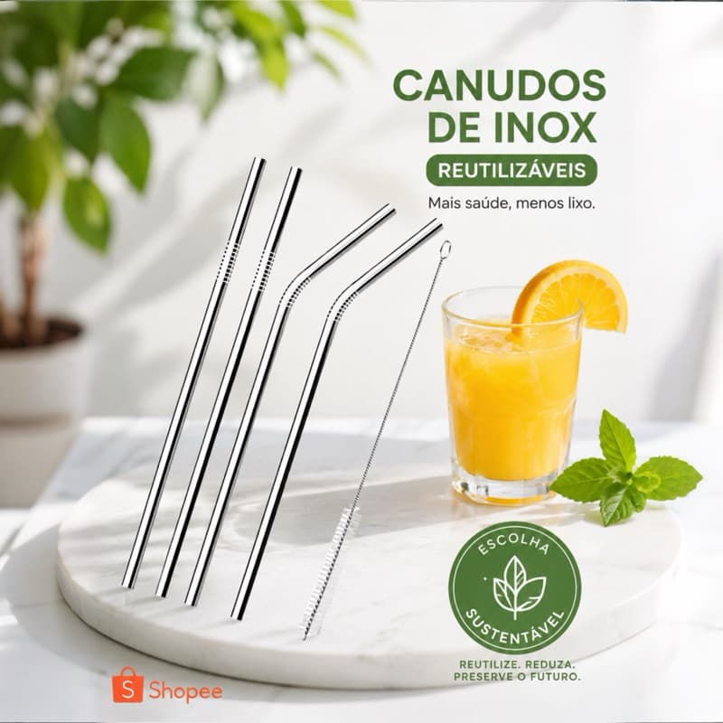 Kit 04 Canudos Inox Com Escova Ecológico Reutilizáveis Sustentáveis -ENVIO IMEDIATO