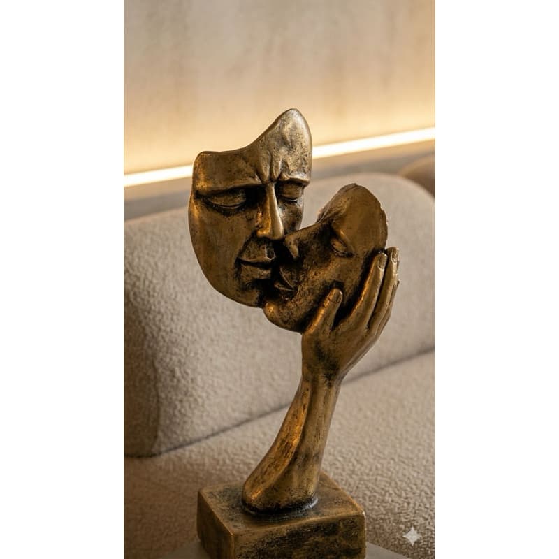 Escultura Casal faces dourado em cerâmica decorativo / Decoração de rack