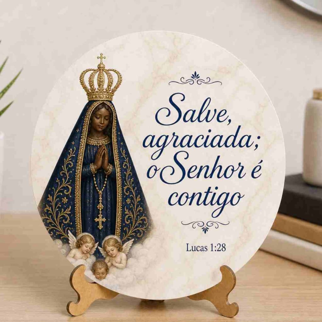 Placa Decorativa Religiosa Redonda com Suporte de Madeira - Salmos, Nossa Senhora e São Miguel