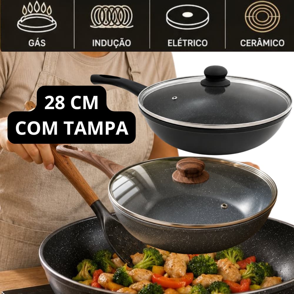 Frigideira com Tampa Revestida Nanocerâmico 28cm Não Gruda, compativel com todos os fogões