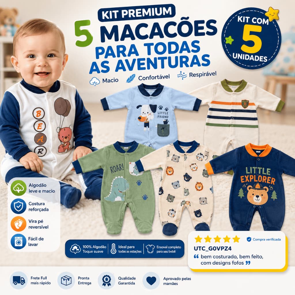 Kit 5 Macacão Menino Bebê Estampado Algodão Vira Pé Reversível Inverno Confortável Enxoval Macio