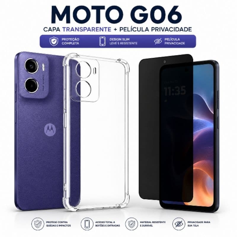 Kit Capinha transparente + película Privacidade para Moto G06