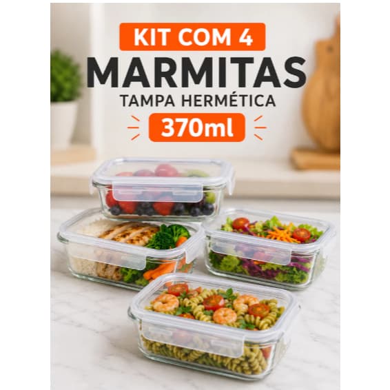 Pote 370ml De Vidro Com Tampa Hermética Kit Com 4 Potes