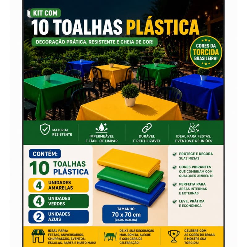 🇧🇷 Kit 10 Toalhas Plásticas Brasil Festa Copa Mesa Bar Churrasco Decoração 🇧🇷