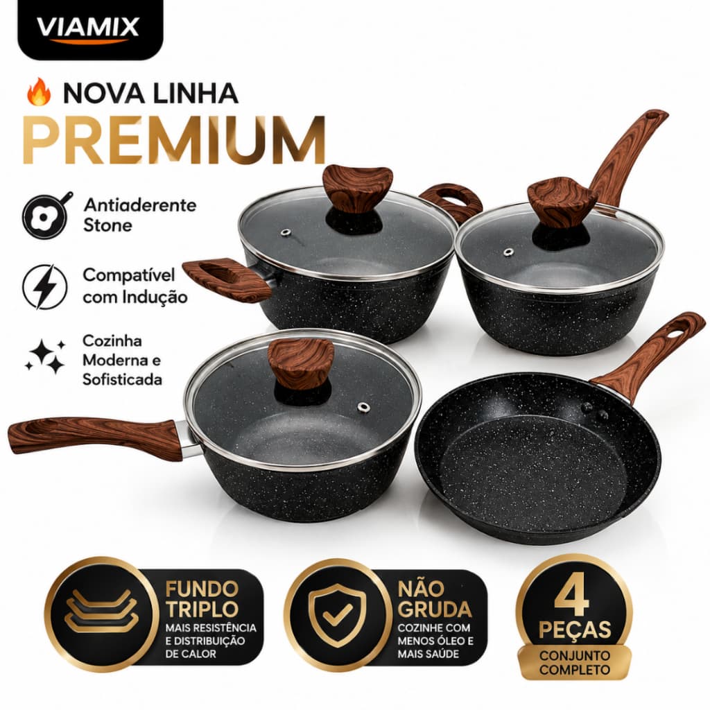 Conjunto Panelas Premium Antiaderente Com Tampa De Vidro 4 Peças Preto Fundo Triplo Indução