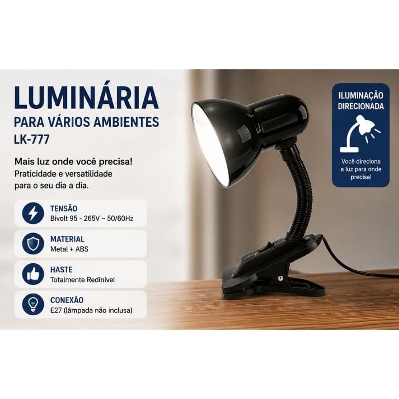 Luminária Abajur de Mesa Flexível Articulada com Garra Bivolt (5678)