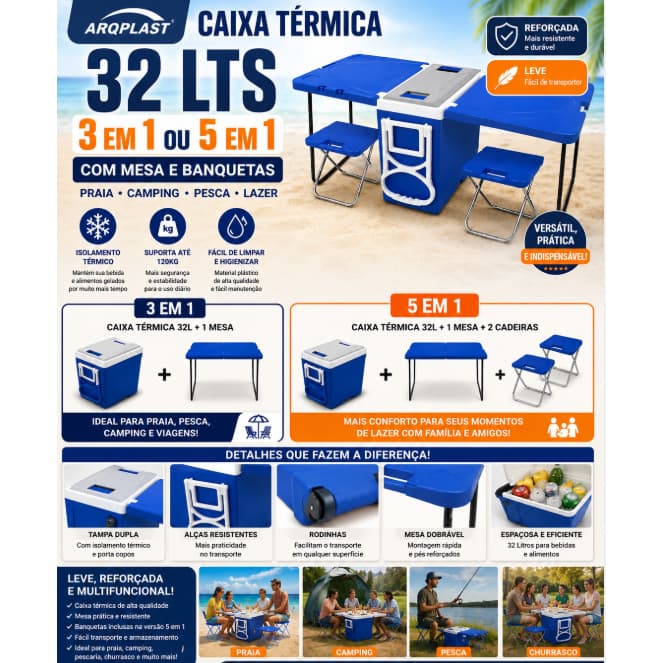 Caixa Térmica 32L  3 Em 1 ou 5 Em 1 Com Mesa E Cadeira  para Praia ou Camping - Arqplast