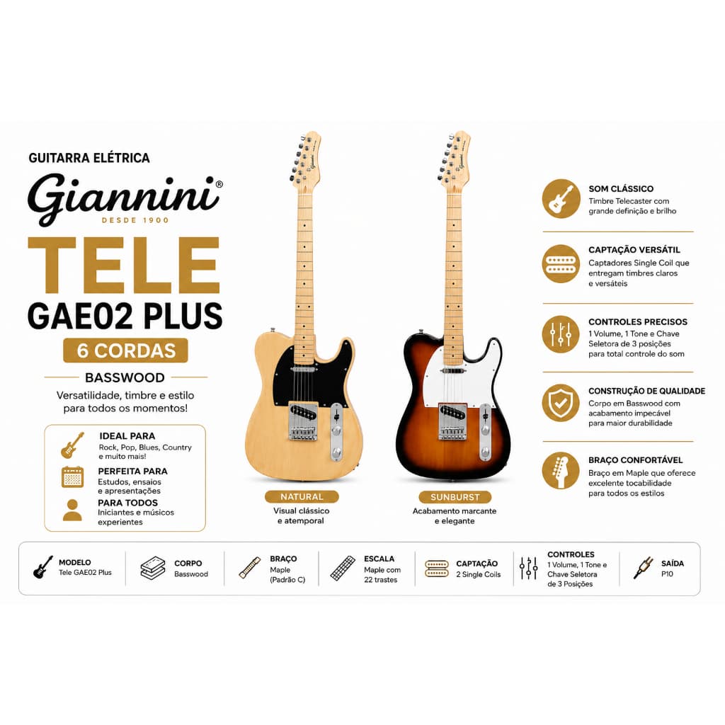 Guitarra Elétrica Giannini Tele GAE02 Plus 6 Cordas Basswood