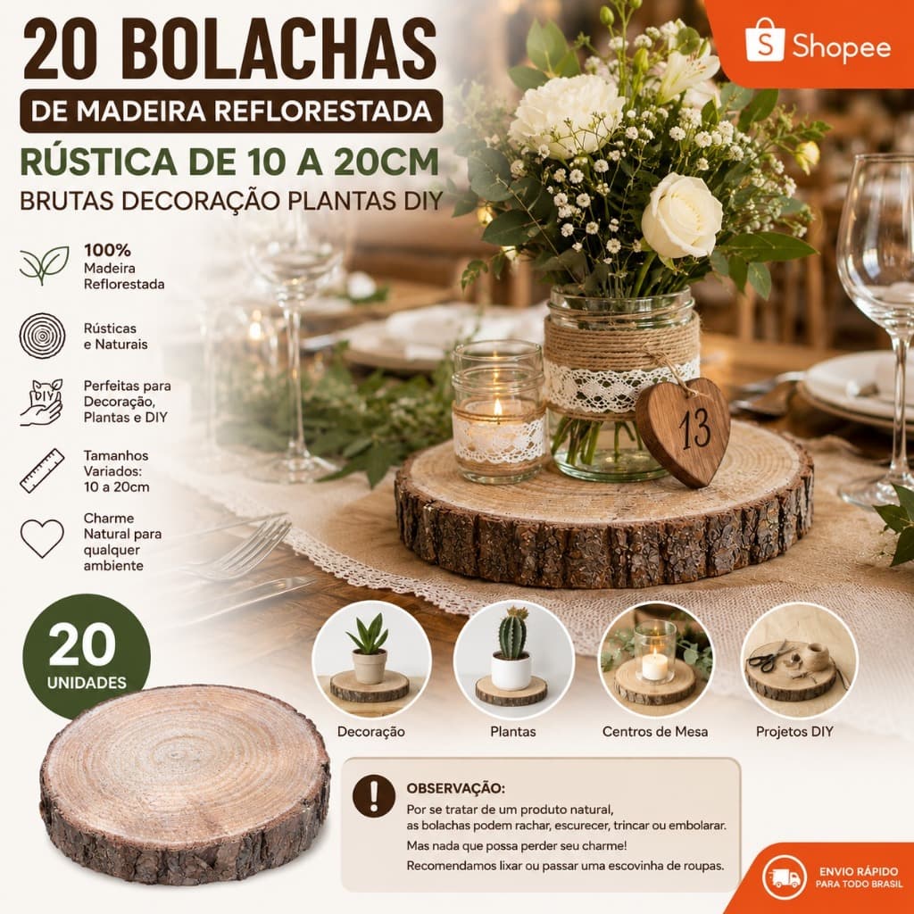 Kit 20 Bolachas de Madeira Rústica Natural 10 a 20cm Decoração Artesanato DIY
