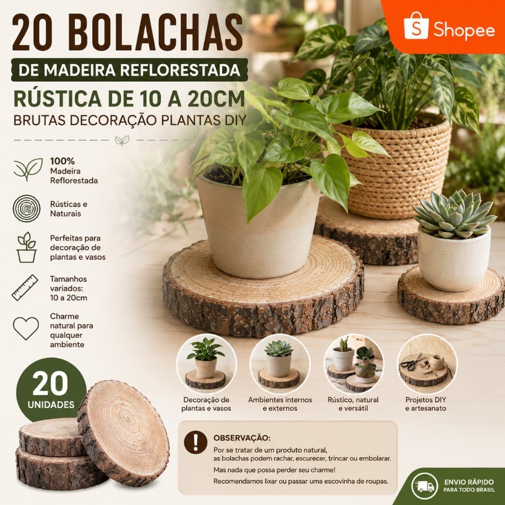 Kit 20 Bases de Madeira Rústica Natural Decoração Casamento Plantas DIY