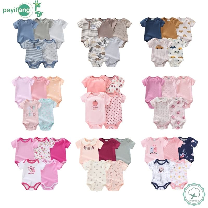 Pjamas De Bebê Kit 5 Bodys Estampado Roupa Bebê Manga Curta Menino e Menina estampa sortida - 100% algodão/suedine