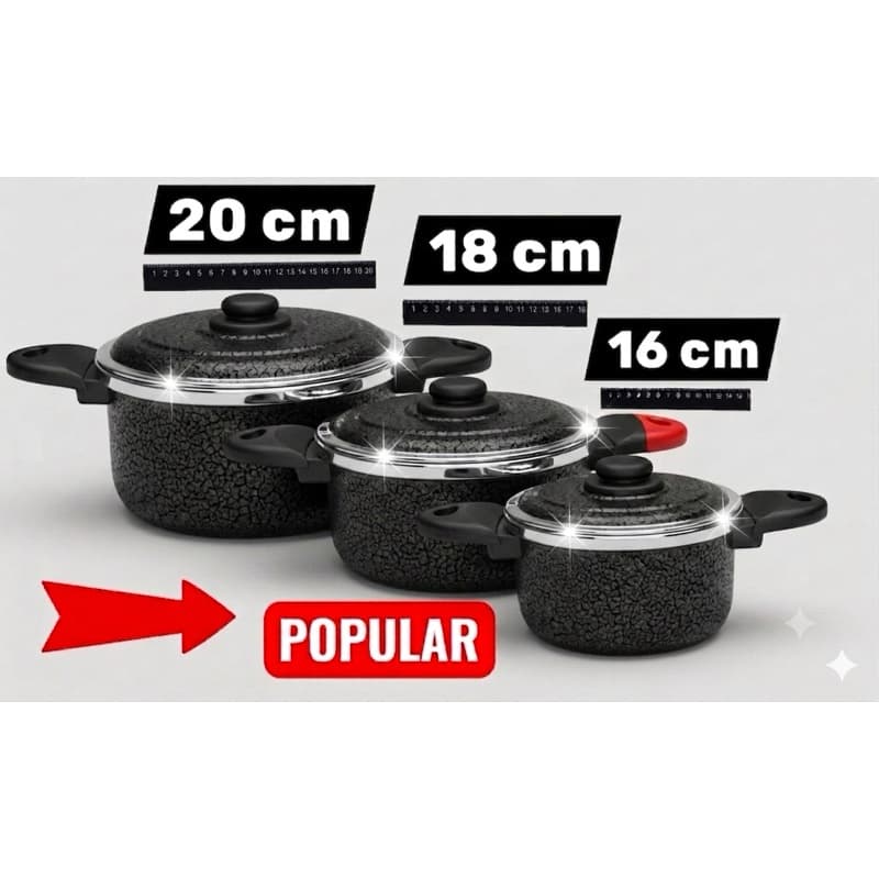 kit 3 caçarolas Alumínio Craquelado Preto 3 Tamanho 20cm 18cm 16cm Grosso Jogo De Panela Para Cozinha Promoção