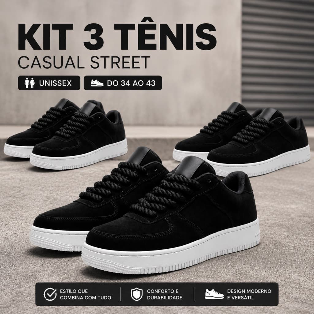 Combo 3 Tênis Streetwear Masculino e Feminino Camurça Confortável Caminhada Corrida Treino Promoção